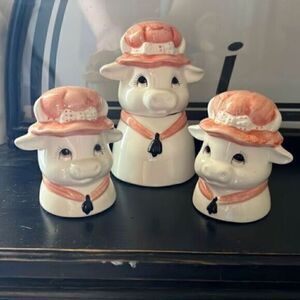 Vintage ceramic cow salt and pepper shakers with sugar dish